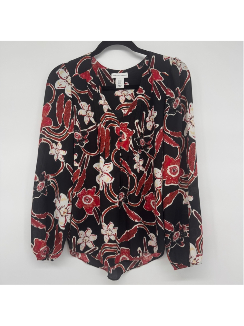 Cupcakes and Cashmere Black Red Floral Blouse XS Long Sleeve Chiffon